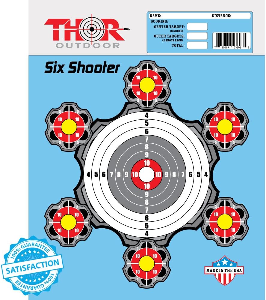 Six Shooter Paper Shooting Target by Thor Outdoor - 14 x 18 in - 7 Bullseye - Handgun, Pistol, Rifle, BB, Airsoft, Pellet Targets for Indoor / Outdoor Gun Ranges (Blue - 25 Pack)