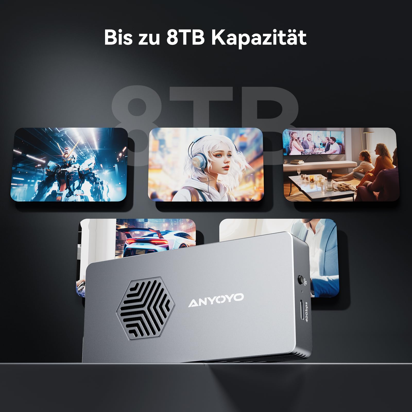 40Gbps M.2 NVMe SSD Gehäuse mit Lüfter, ANYOYO NVMe Gehäuse kompatibel für Thunderbolt 5/4/3 M.2 SSD Gehäuse für PCIe 2280 M-Key (B+M Key), USB C Aluminium SSD Gehäuse kompatibel für USB 4/3.2/3.1 8