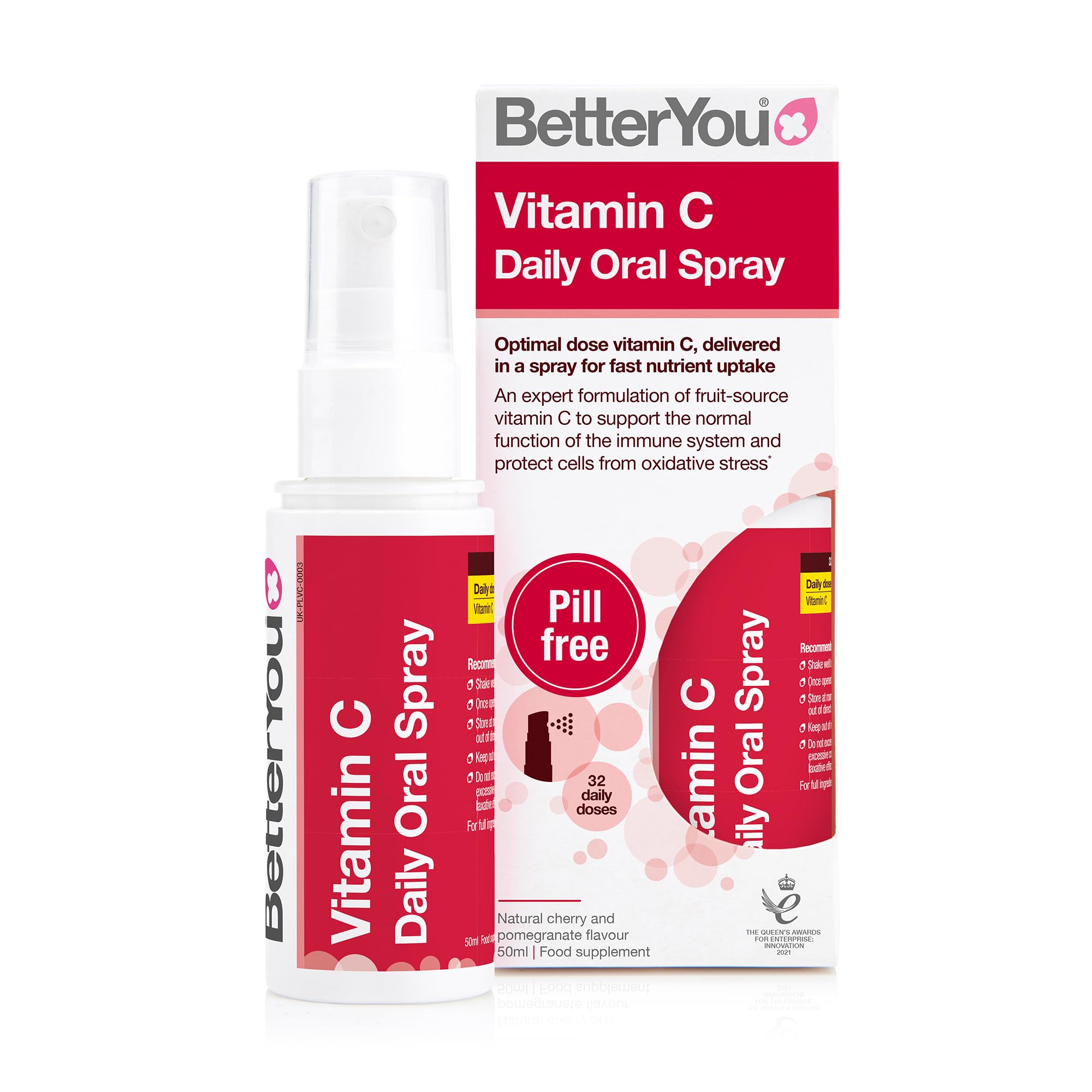 BetterYou Vitamin C Oral Spray, Fast Acting High Strength Vitamin C Supplement, Supports Immune System and Protect Cells from Oxidative Stress, 1-Month Supply, Natural Cherry & Pomegranate Flavour