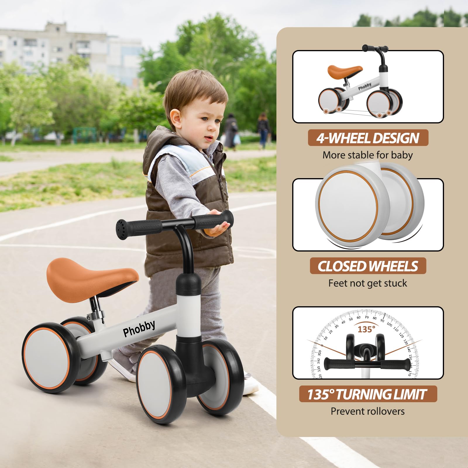 Baby Balance Bike 4 Wheels Toddler Bike for 1 2 3 Years Old Boys Girls | with Adjustable Seat, 12-36 Months, Kids First Birthday Toy Gift