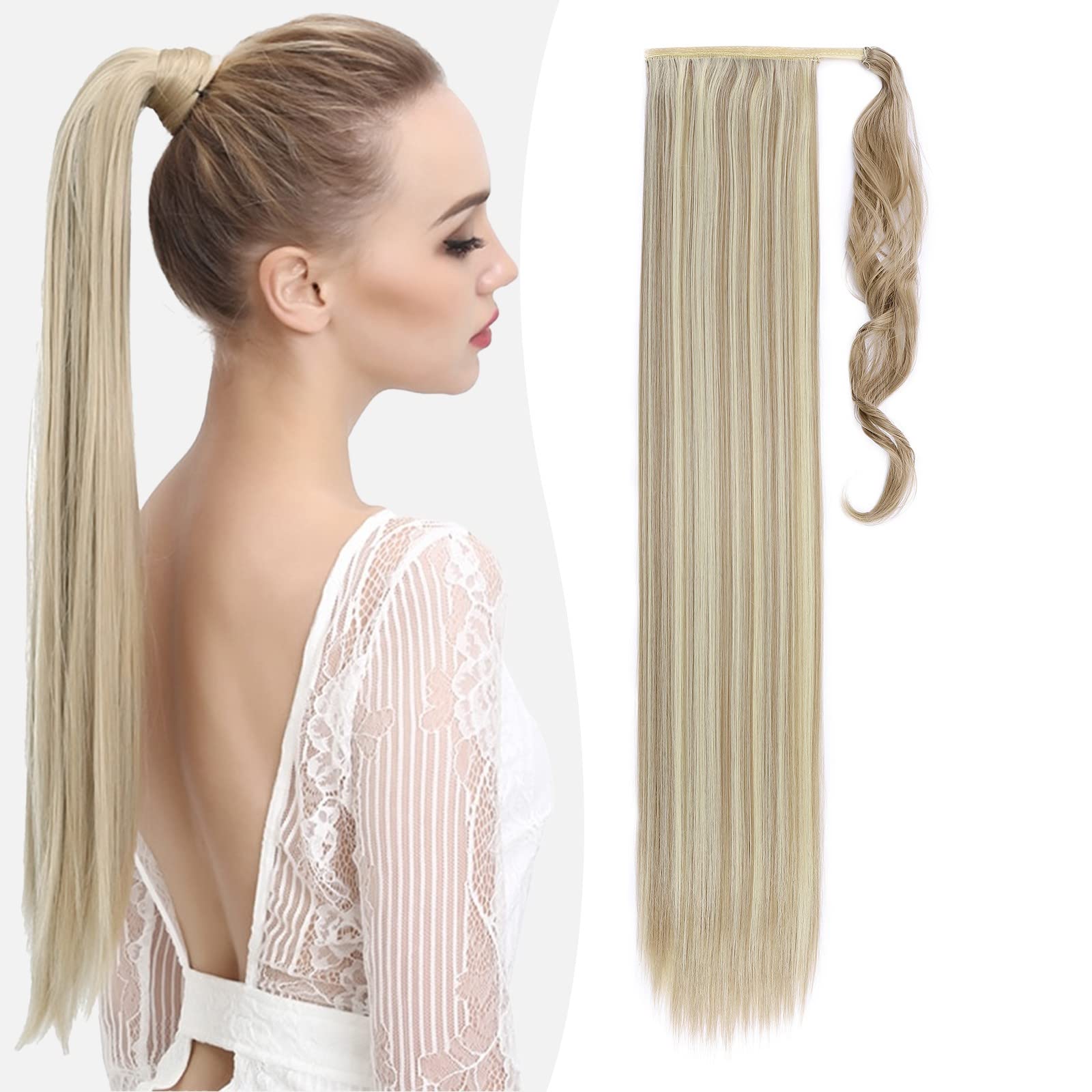 Benehair Ponytail Extension 32 Inches Long Wrap Around Ponytail Hair Extension Straight Synthetic Clip in Hairpiece for Women Light Blon/Platinum Blon mix — image 1