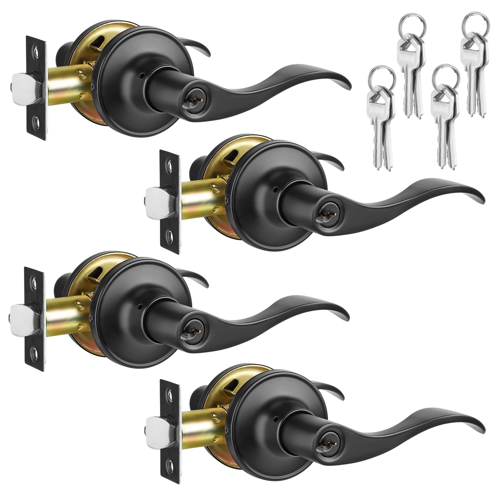 Photo 1 of 52HZ 4 Pack Wave Lever Door Handles Interior with Lock and Key, Privacy Exterior Door Levers for Bedroom, Bathroom, Front and Entrance, Reversible for Right & Left Sided Doors, Matte Black
