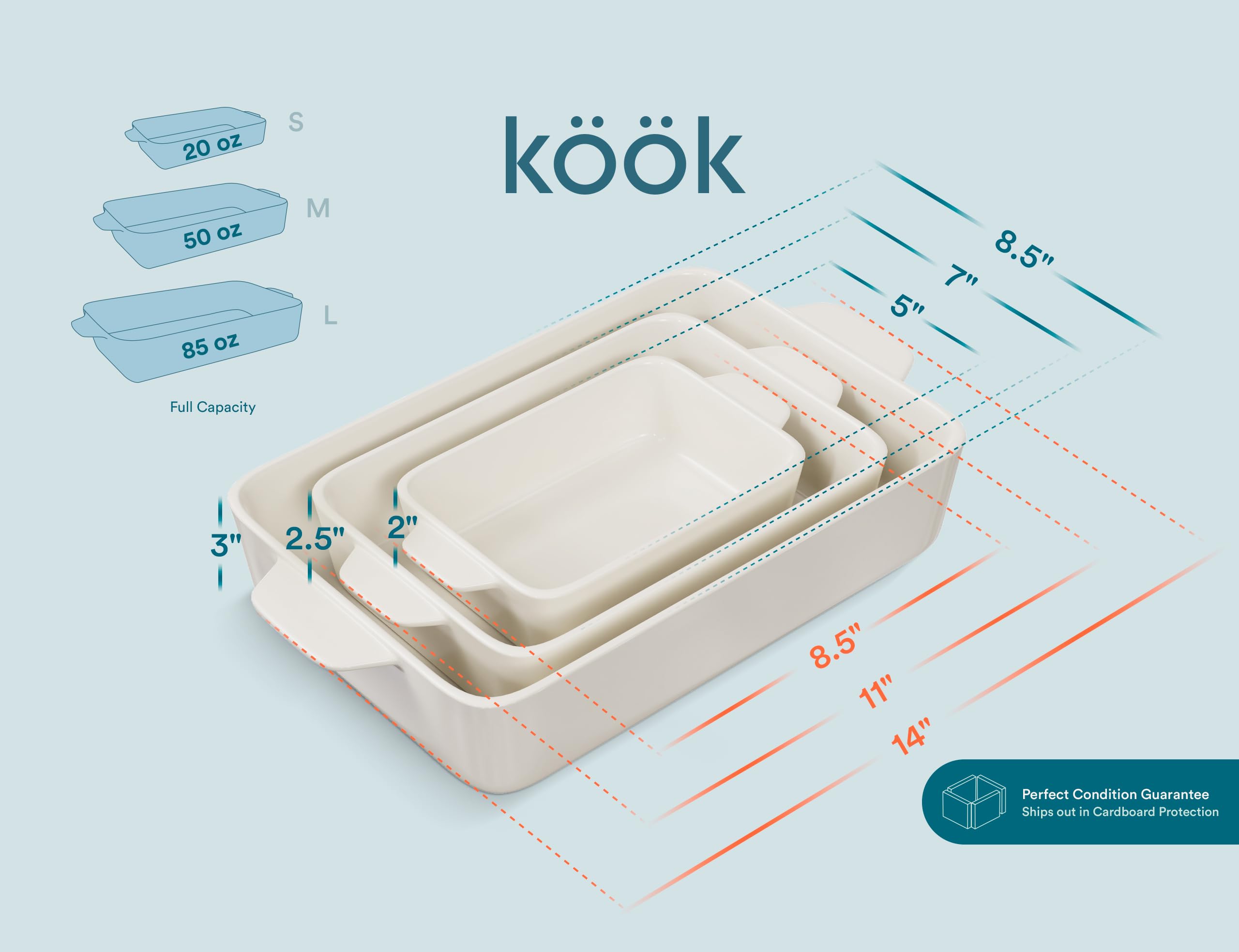Kook Casserole Dish, Ceramic Baking Dish, Large Lasagna Pan Deep for Oven, 8.5 x 14, 11 x 7, 8 x 5, Set of 3, 92oz, 50oz, 20oz, Baking Pan with Handles, Oven Safe and Durable, Home, Gift, (Cream)