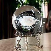 HDCRYSTALGIFTS 60mm 3D Inner Engraved Rose Flower Crystal Ball Paperweight with Sliver Stand Glass Sphere Rose Figurines Collectible Fengshui Decorative Ball Home Decor Gifts