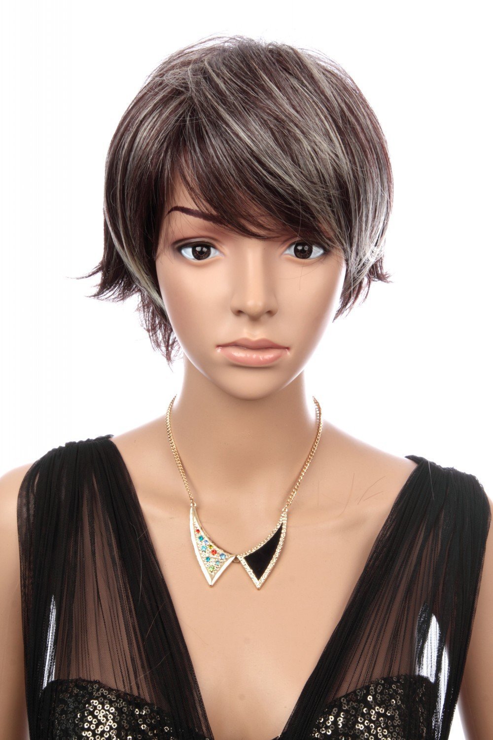 Prettyland C135 Short Hair Wig Dark Red Brown White Highlights