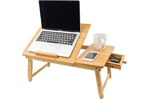 Utoplike Bamboo Laptop Desk for Bed, Tilting Top Bed Serving Tray, Breakfast Table Ajustable Height, Fodable Legs, Storage Dr