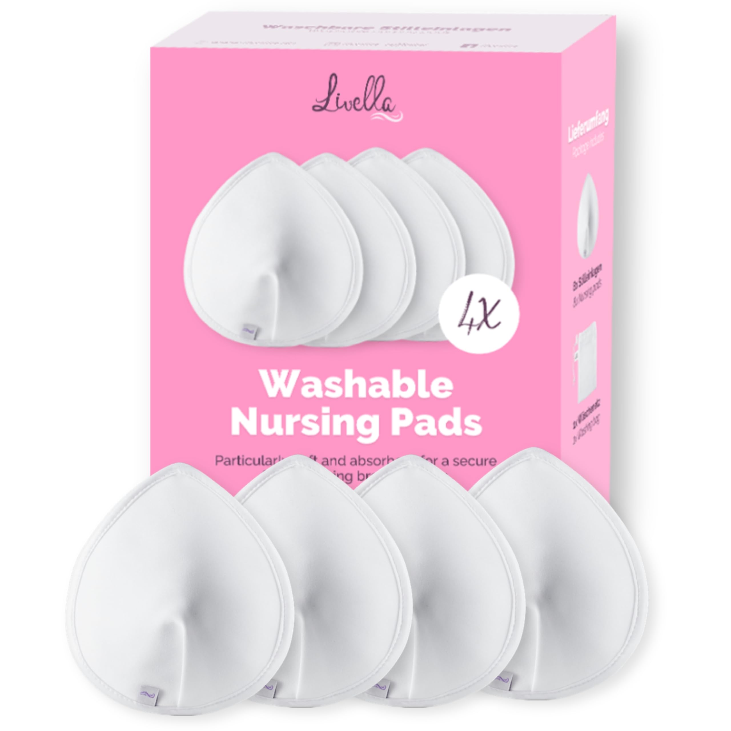 Livella | 4-Pack of Washable Nursing Pads Made from Bamboo Fiber | Reusable Breast Pads for Milk Flow During Breastfeeding | Ultra Absorbent and Super Soft Under Clothes | Includes Laundry Bag