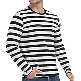 LEDING Mens Shirts Striped Cotton Spandex Crewneck Long Sleeve Black White Soft Elastic Cotton Basic Stripe tee Shirt