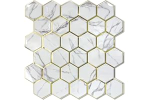 Vamos Tile Glossy Hexagon Peel and Stick Backsplash Tile, 10-Sheet Stick on Backsplash for Kitchen and Bathroom, White Marble Look PET Self Adhesive Honeycomb Mosaic Tiles with Gold Grout Line