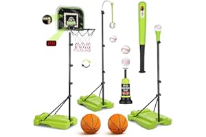 4 in 1 Kids Basketball Hoop and Tball Set for Kids 3-5, Adjustable Height Toddler Basketball Hoop, Hanging Tee Baseball with 