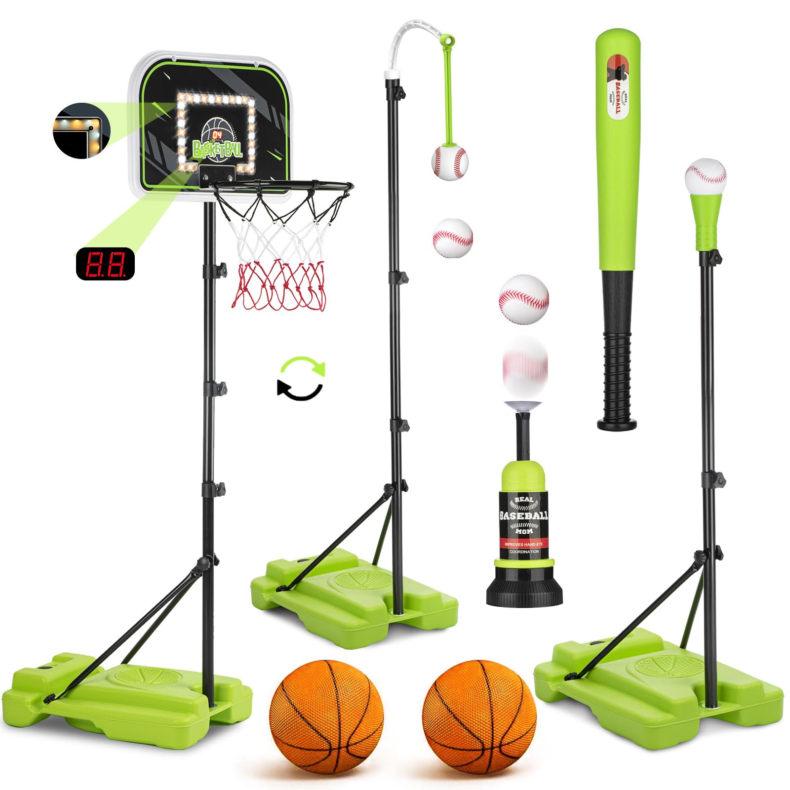 Photo 1 of **FOR PARTS ONLY**
4 in 1 Kids Basketball Hoop and Tball Set for kids 3-5, Adjustable Height Toddler Basketball Hoop, Hanging Tee Baseball with Automatic Pitching Toddler Birthday Gift Outdoor Toys for 3-12 Years Old