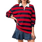 Soamat Women's Oversized Striped Polo Sweatshirt Long Sleeve Rugby Collared Pullover Tops Loose Fit Shirt