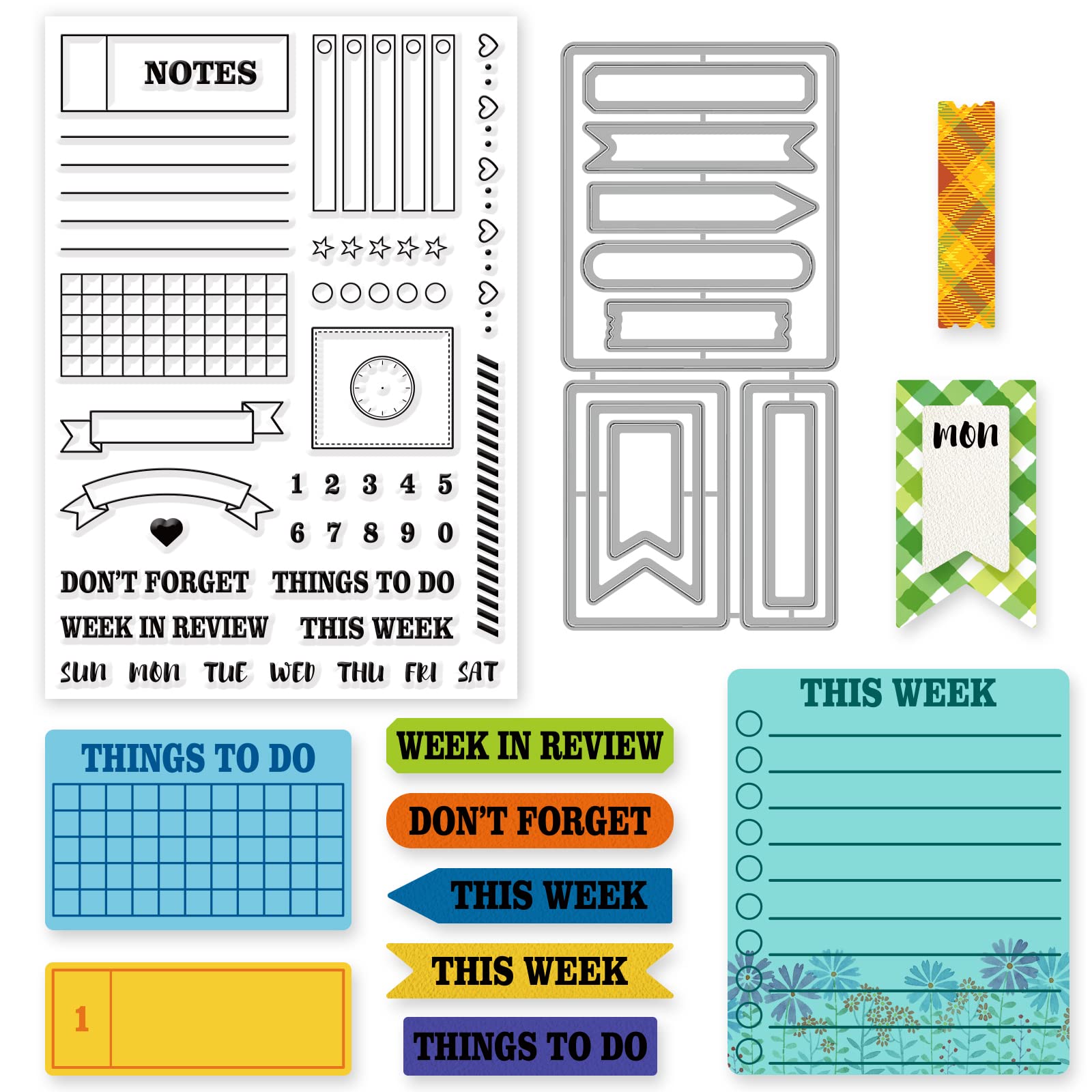 INFUNLY Stamps and Dies for Card Making Cutting Die and Stamps for Journalism Weekly Plan Silicone Clear Stamp and Die Set Silicone Planner Stamps for DIY Scrapbooking Journal Making Supplies โ image 1