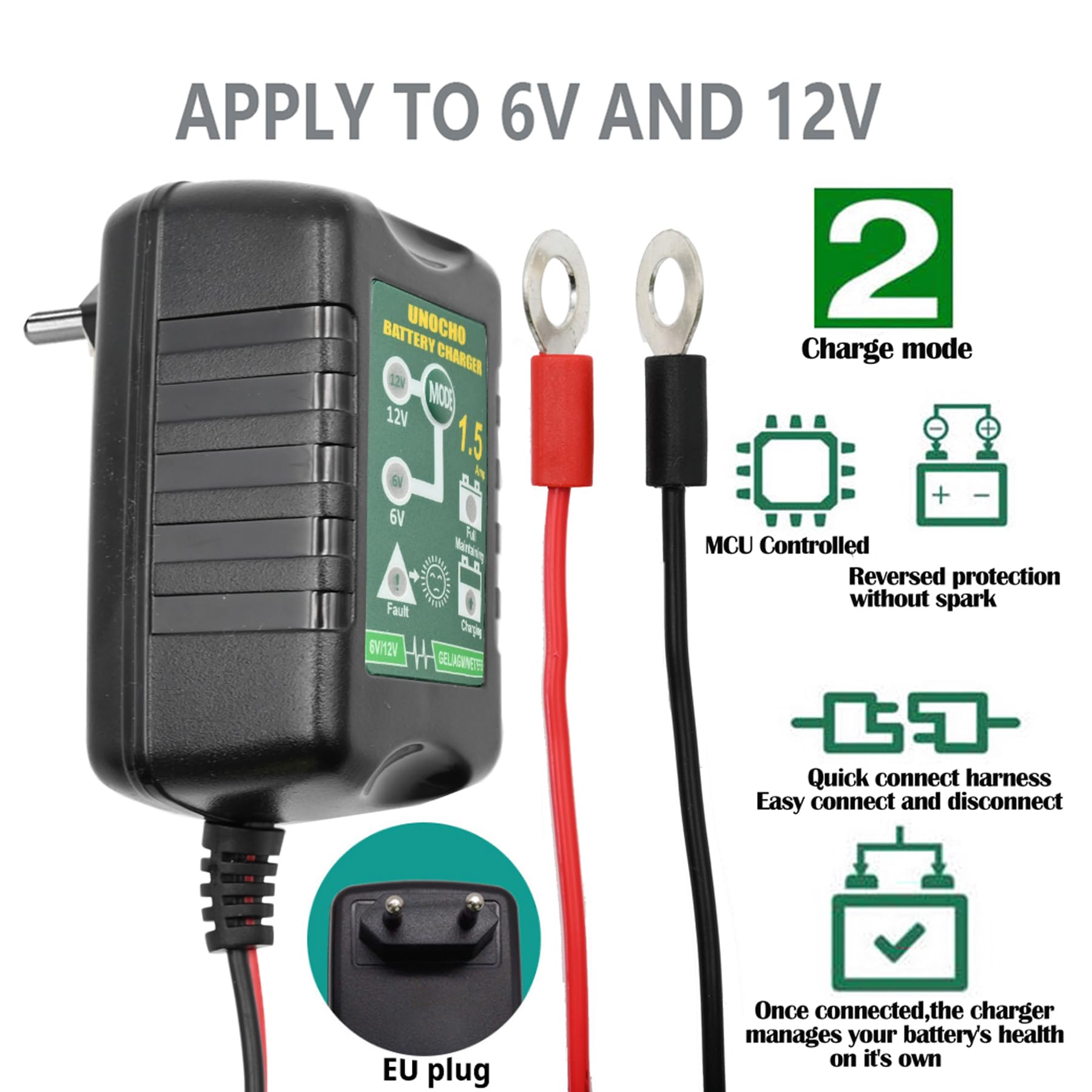 6V 12V Batterieladegerät 1,5A automatisches intelligentes Ladegerät, Batteriewartungsladegerät, Erhaltungsladegerät für Auto, Motorrad, Rasenmäher, Boot, Schneemobil(EU-Stecke) 5