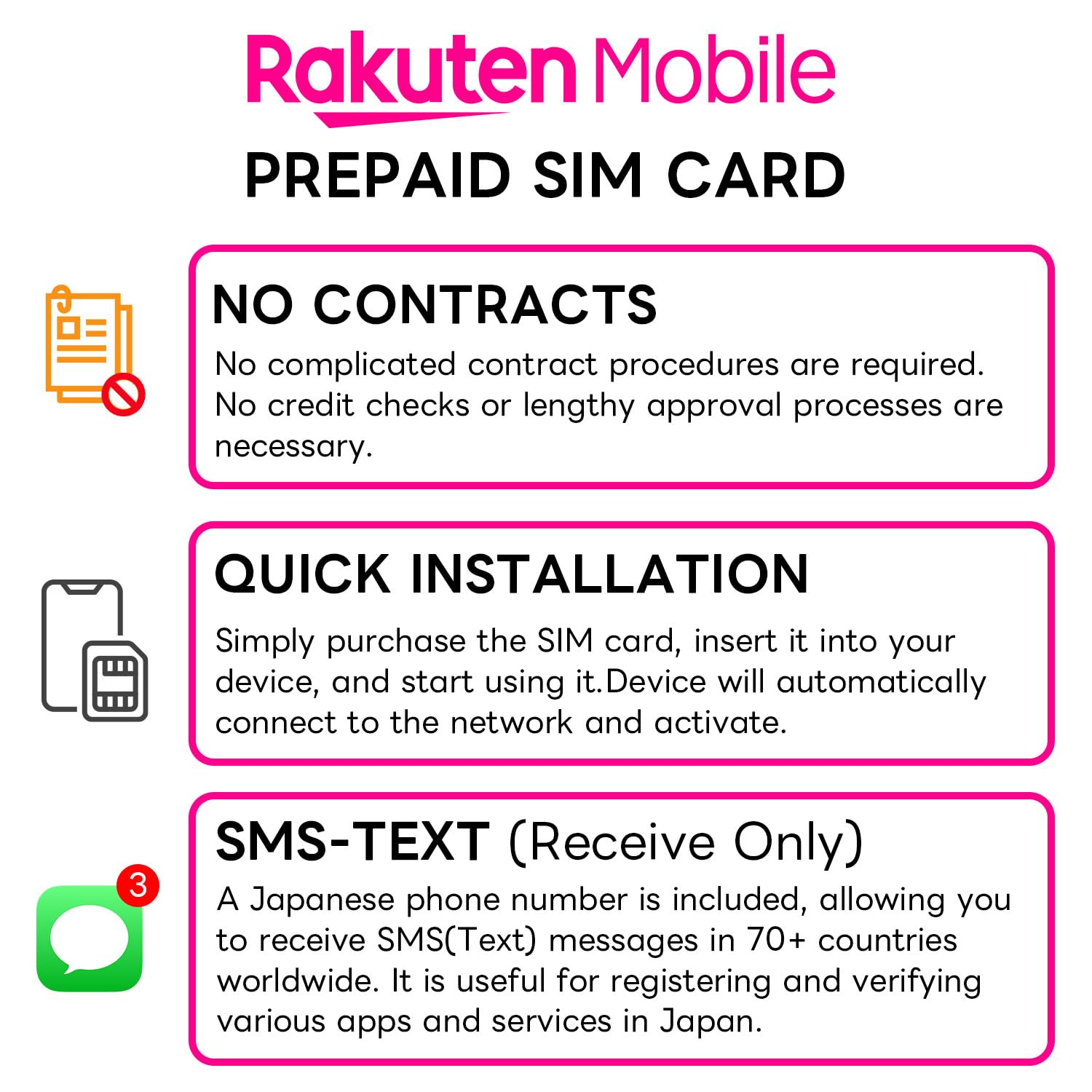 Japan Rakuten Mobile Prepaid SIM Card w/Text(SMS) to 73+ Countries, 1Year Plan, 3GB/mo. in Japan (Global 1GB/mo.), Quick Activation, 3-in-1 Triple-Cut SIM Card