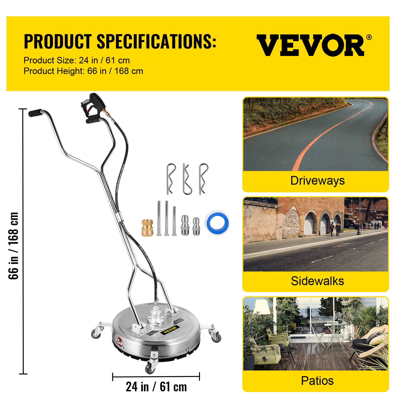 VEVOR Pressure Washer Surface Cleaner, 24'', Max. 4000 PSI Pressure by 2 Nozzles for Cleaning Driveways, Sidewalks, Stainless Steel Frame w/Rotating Dual Handle, Wheels, Fit for 3/8'' Quick Connector