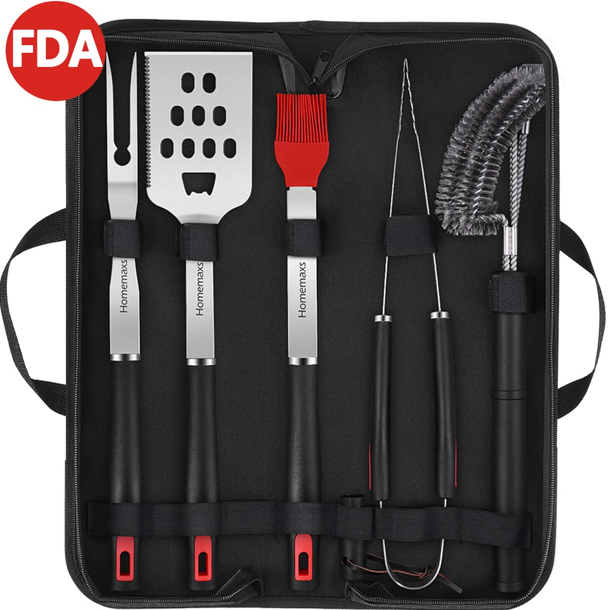 Homemaxs BBQ Tools Set - 5pcs BBQ Grilling Tool Set with Case, Stainless Steel Heavy Duty Barbecue Grilling Accessories Utensils Kit with Tongs, Grill Cleaning Brush, Spatula, Fork, Basting Brush(FDA)