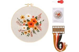 Embroidery Kit, Hand Embroidery Starter Set, Embroidery Cloth with Floral Pattern, Plastic Embroidery Hoop, Color Threads, Ne