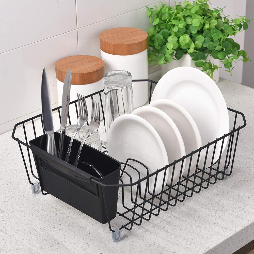 LANKITA HOME Simple Design Rust Proof Metal Draining Dish Drying Rack,Black Dish Rack with Utensils Holder
