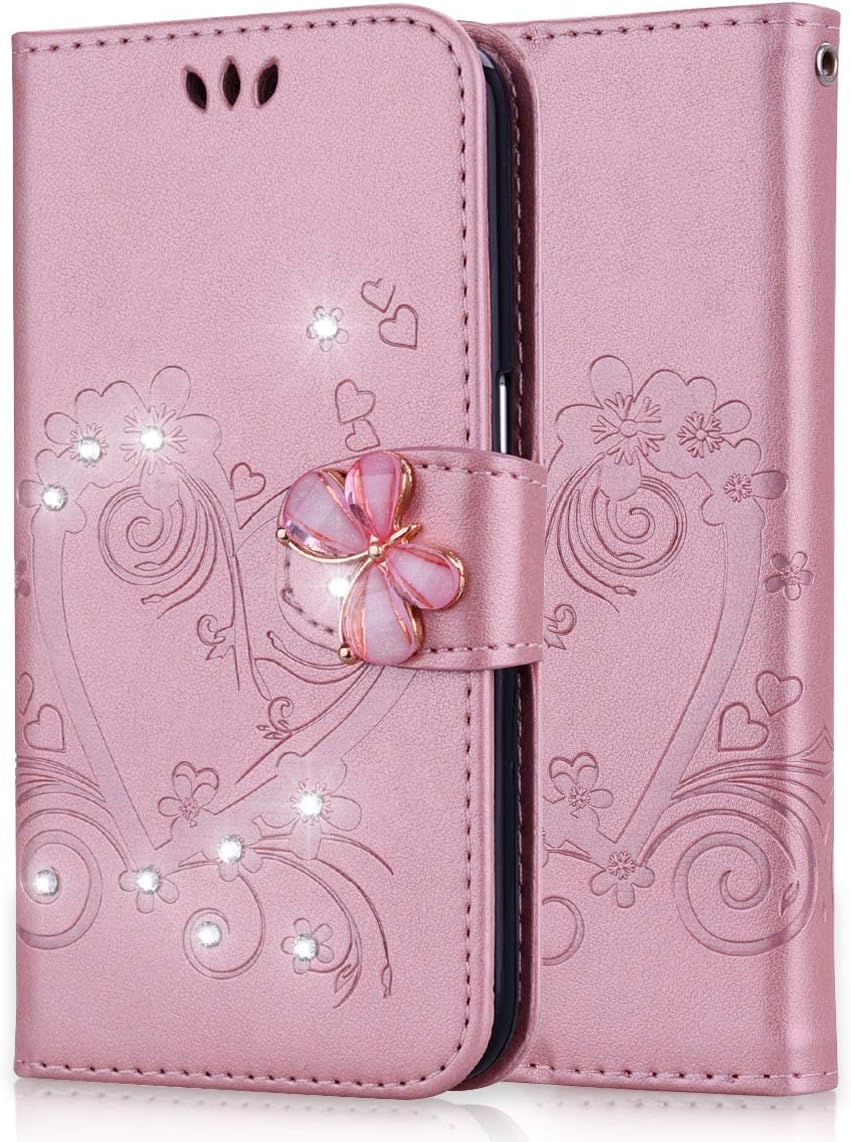 Lspcase Samsung S5 Case, Samsung Galaxy S5 Neo Leather Case with Card Slot Magnetic Hand Strap Folio Flip Wallet Case Book Cover for Samsung Galaxy S5 / S5 Neo Flower Floral Butterfly Rose Glod Pink