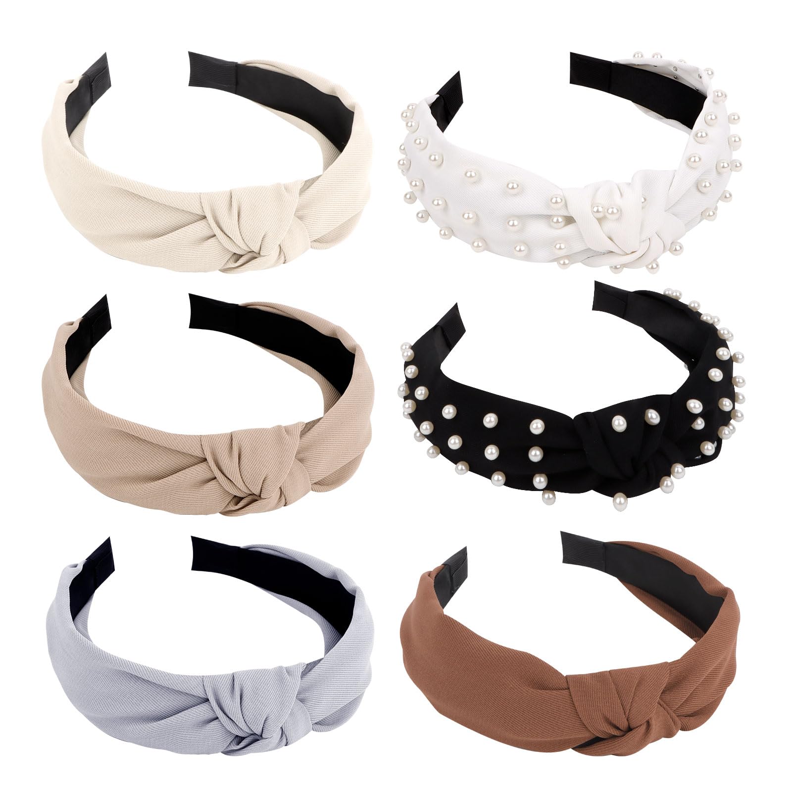 Photo 1 of YISSION 6PCS Knotted Headbands for Women Girls Non Slip Pearl Headband Top Knot Headband for Women Black White Brown Head Band Hair Accessories for Women