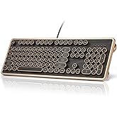GLENCREAG RK104 Retro Mechanical Keyboard, Wired Full-Size 104 Keys with Typewriter Round Keycaps, Wooden Grain, N-Key Rollover, Green Linear Switches, Ideal for Retro Lovers