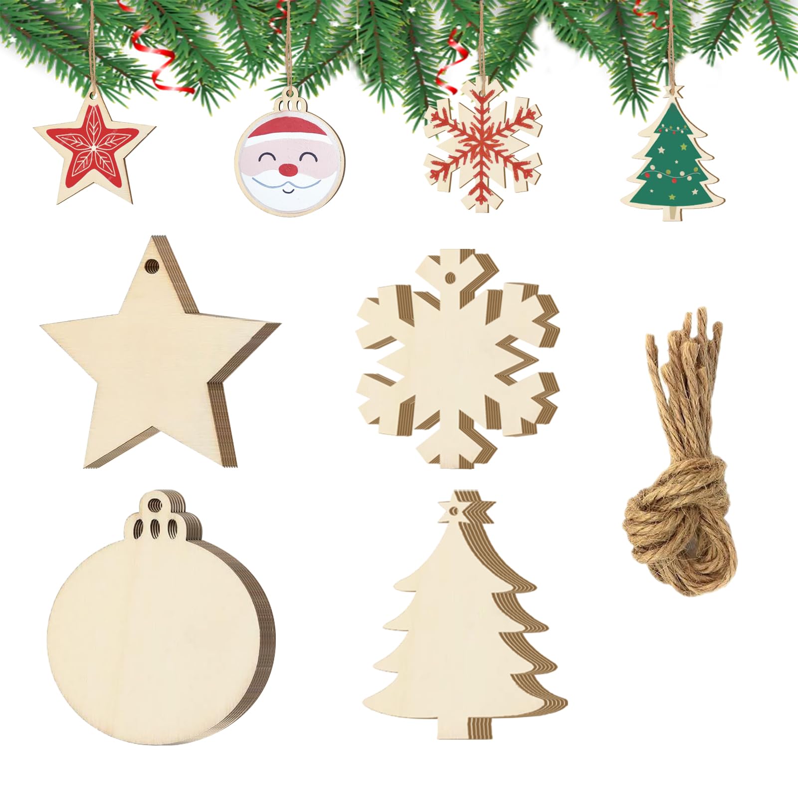 40pcs DIY Christmas Wooden Ornaments for Christmas Tree Decorations, 4 Styles Unfinished Paintable Wooden Baubles, Natural Wood Slices for Crafts Centerpieces