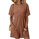 AlvaQ Rompers for Women Solid Color Casual Short Sleeve V Neck Zipper Short Jumpsuits with Pockets