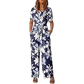 Happy Sailed Womens Jumpsuit Dressy Summer Short Sleeve High Waisted Floral Jumpsuits Women Overalls Long Pants Rompers Beach Vacation Outfits Fashion 2025 Blue Large