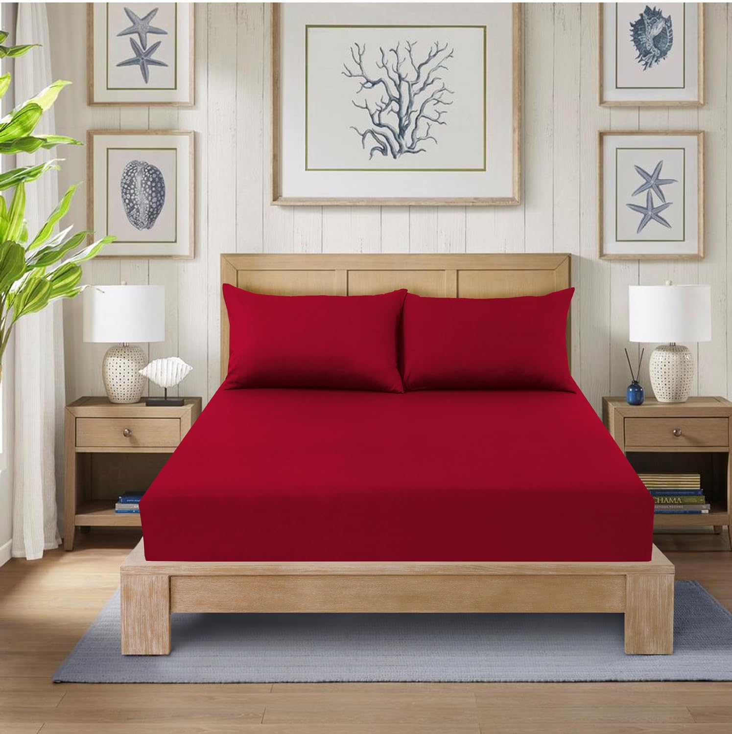 CHARKHAH Polycotton Fitted Sheet for Single Double King Super King Bed 200 Thread Count Anti Wrinkle Plain Bedding 25 cm Extra Deep Fitted Sheets Cover with Elastic Edges (Red, King)