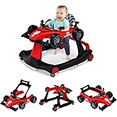 GLACER Foldable Baby Walker, 4-in-1 Infant Walker with Adjustable Height & Speed, Music, Light, Steering Wheel & Washable Cushion, Baby Walker Activity Center for Boys Girls 6 –18 Months (Red)