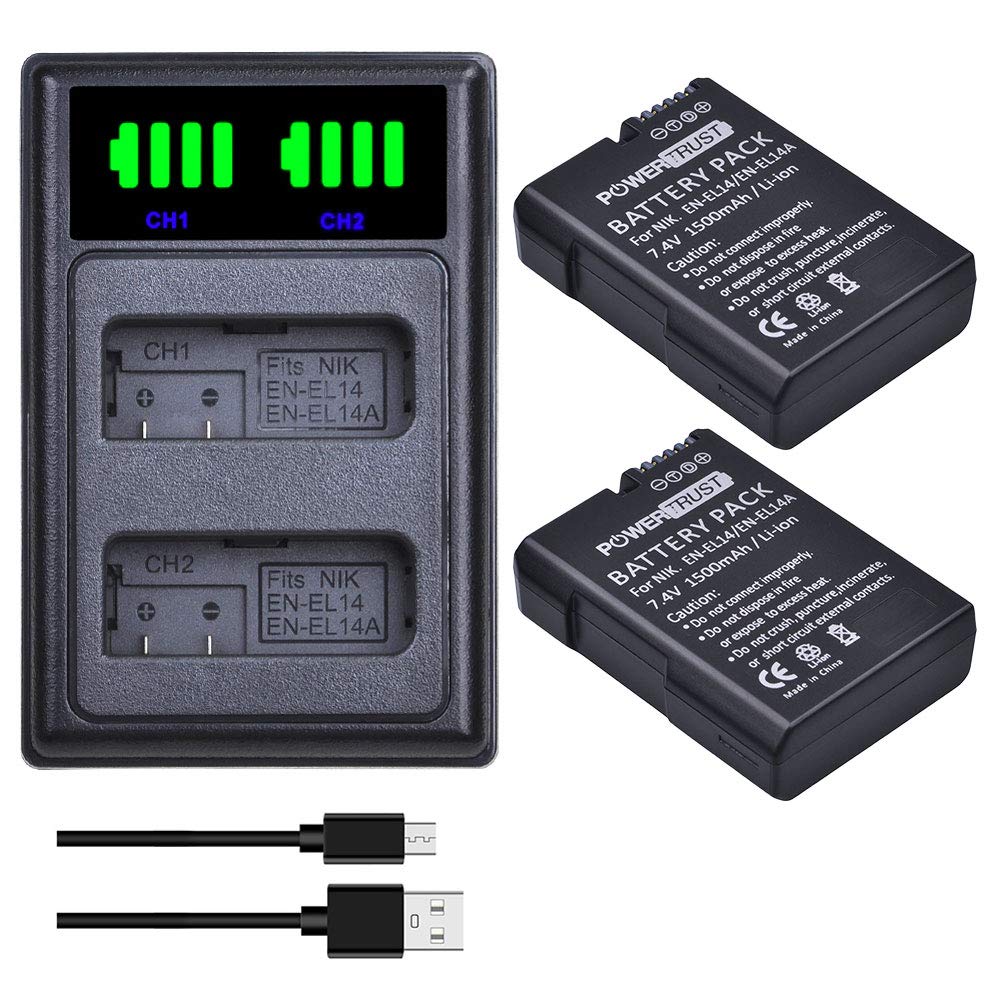 PowerTrust 2Pcs EN-EL14 EN-EL14a Battery with LED Dual Charger for Nikon D5600, D5500, D5300, D5200, D5100, D3500, D3400, D3300, D3200, D3100, Df, Coolpix P7800, P7700, P7200, P7100, P7000