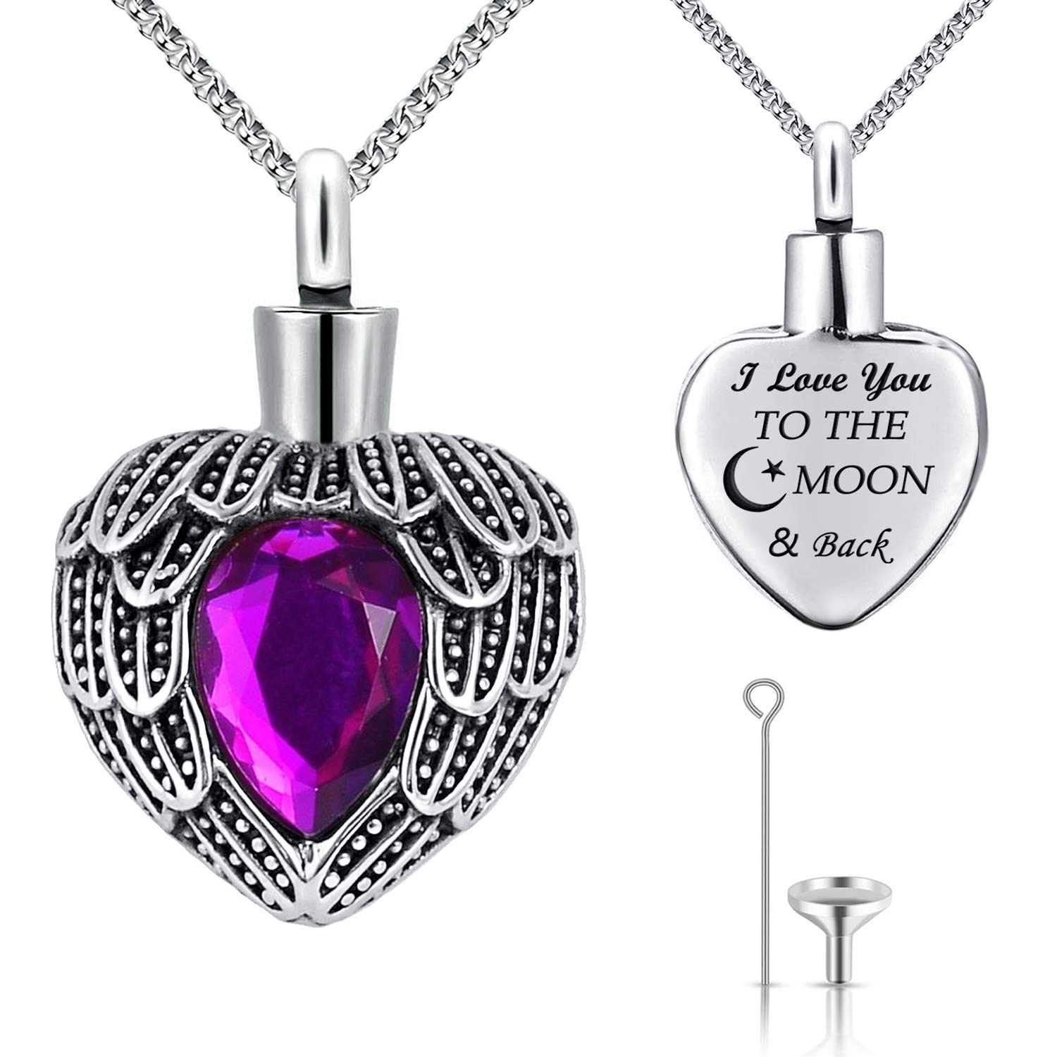 Urn Necklaces for Ashes Angel Wing Birthstone Charm Heart Cremation Jewelry Keepsake Holder Memorial Necklace Pendant