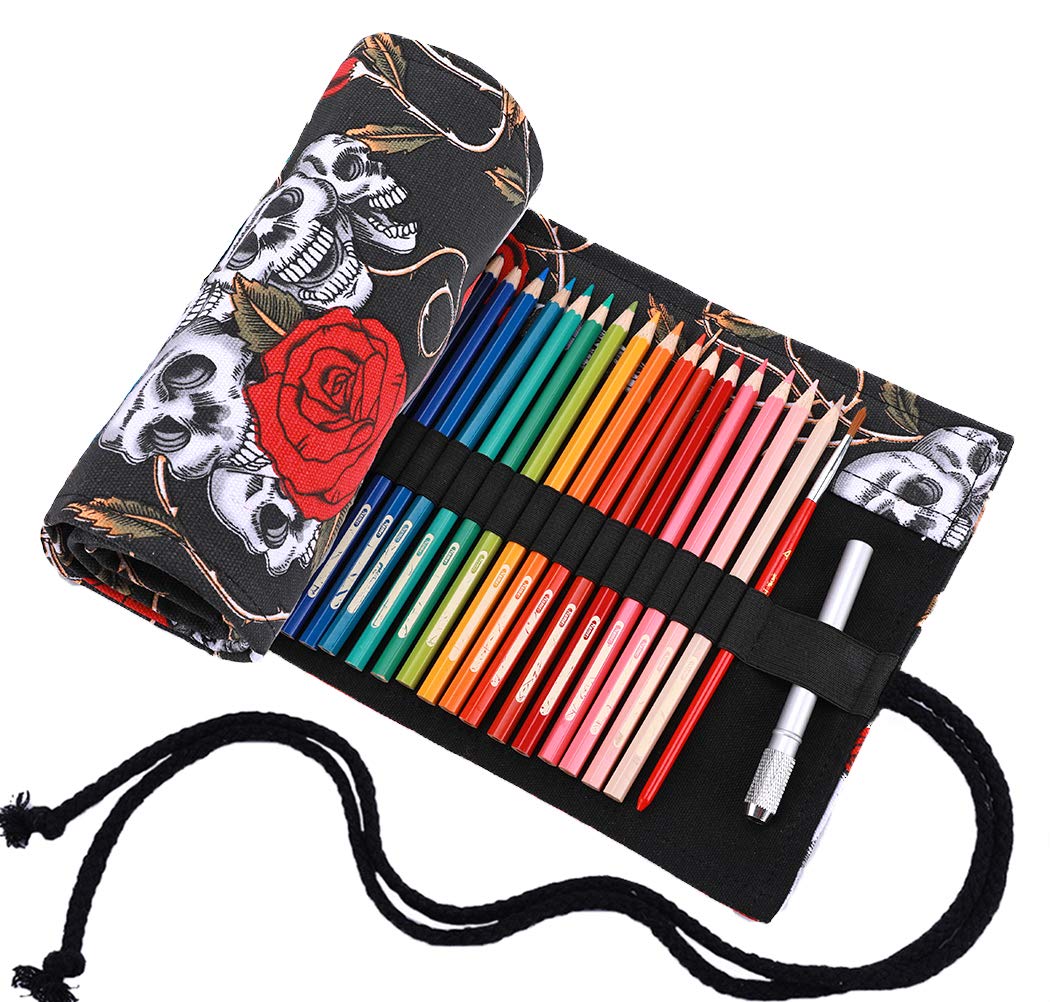 Amoyie Roll Up Pencil Case for 36 Coloured Pencils, Foldable Colouring Pens Organiser Bag, Artist Wrap, Canvas Holder, Black Skull