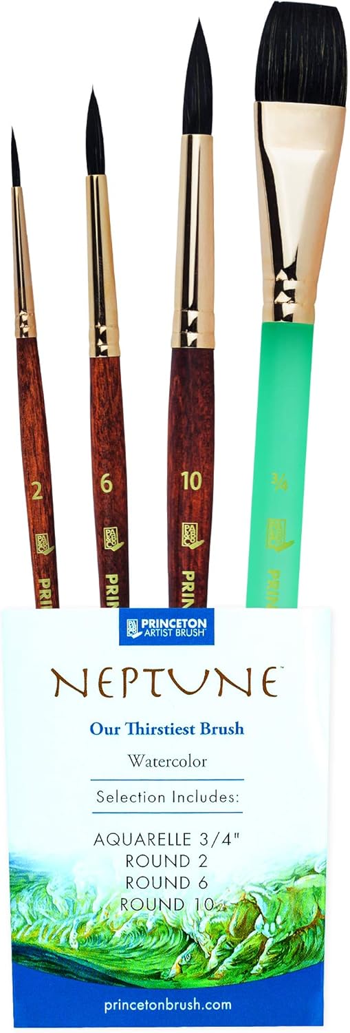 Princeton Neptune Professional Watercolor Brushes 4750 Series - 4pc Soft Synthetic Squirrel Brush Set for Watercolor Painting - Aquarelle 3/4 Inch - Round 2 - Round 6 - Round 10 - Artist Paint Brushes