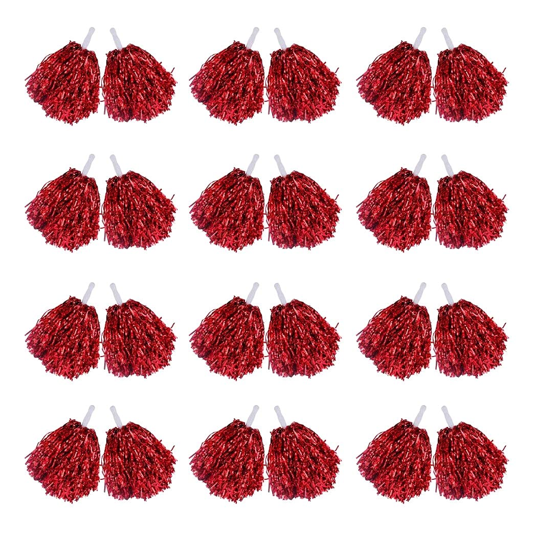 Hacbop 24Pcs Cheerleading Cheerleader Pom Poms, Metallic Foil Cheer Pom, Poms with Plastic Handle for Adults Kids Cheerleaders Party Red