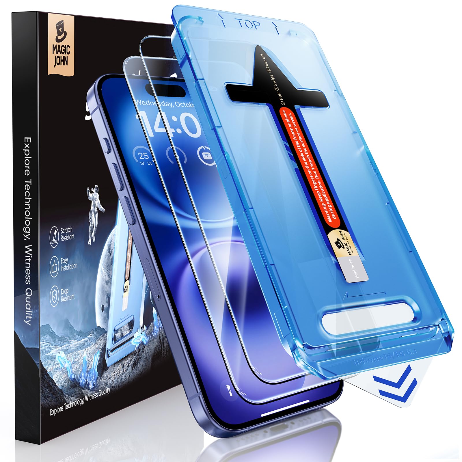 Photo 1 of MAGIC JOHN 2 Pack for iPhone 16 6.1 inch Tempered Glass Screen Protector (Not Pro), Auto Dust-Elimination, Bubble Free, Easy Installation, HD Clear