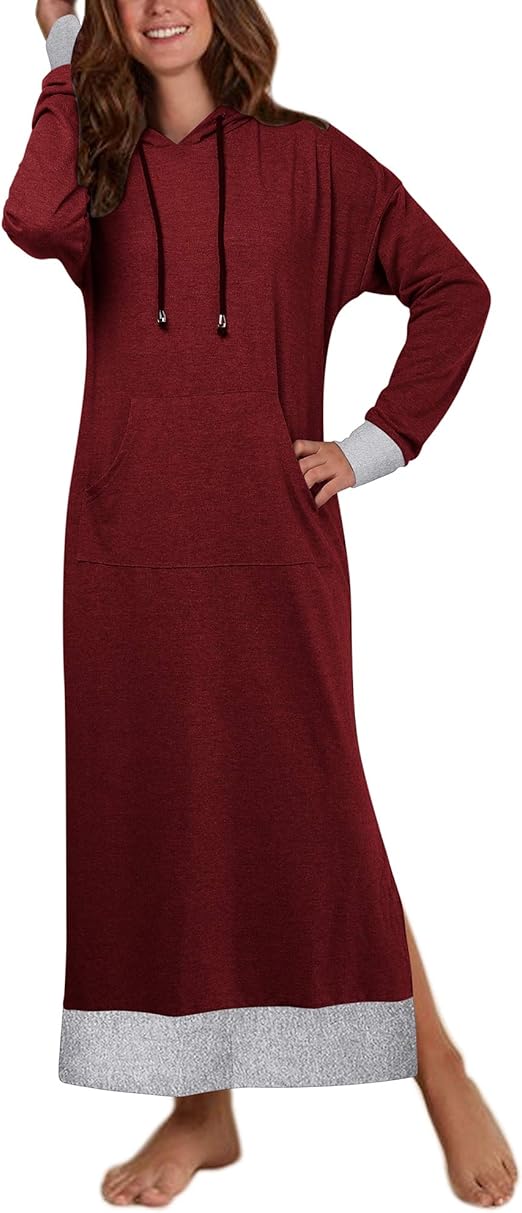 Jacansi Women's Long Sleeve Solid Loose Hooded Sweatshirt Maxi Dress