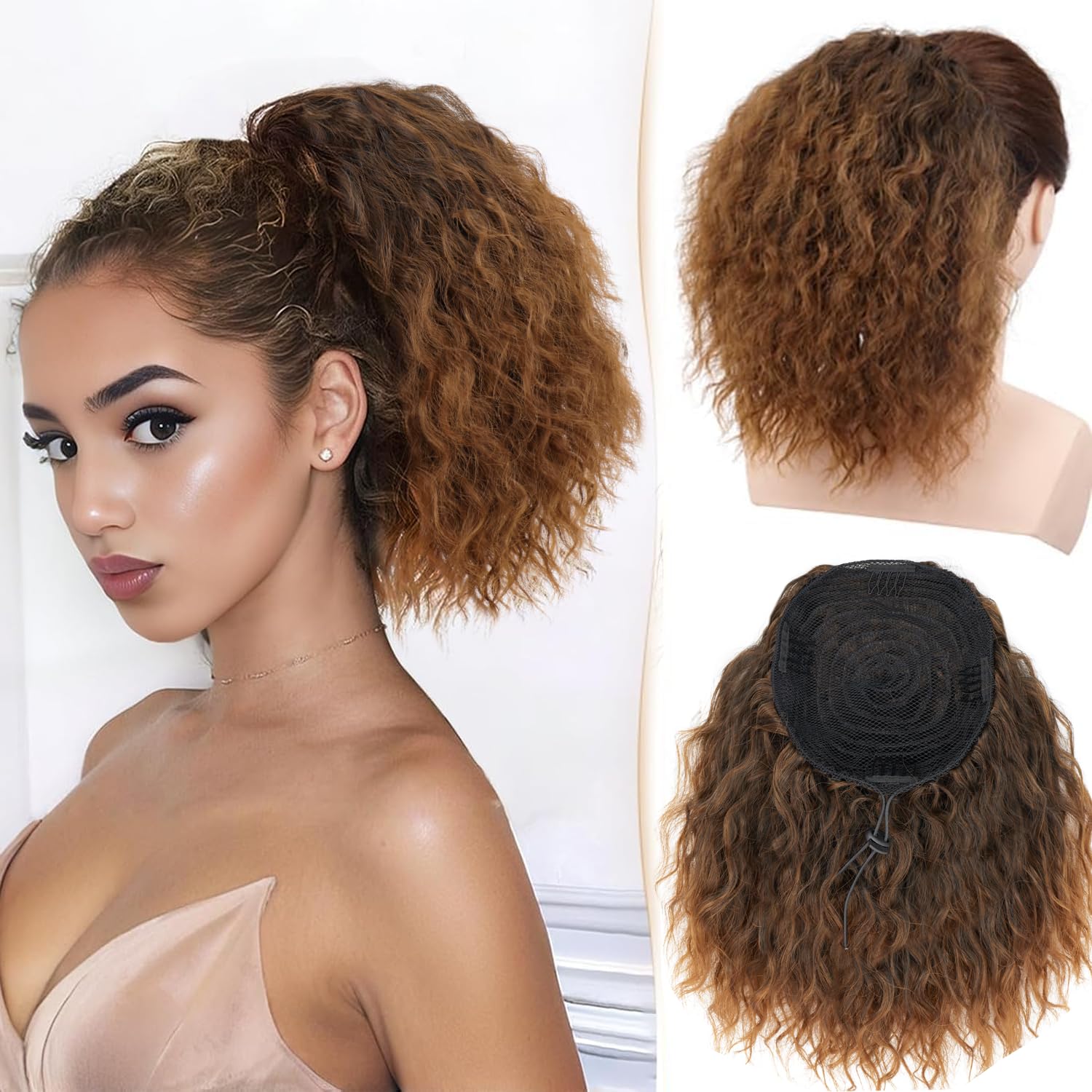 PORSMEER Wavy Curly Ponytail Extension,10 inch Ombre Auburn Brown Drawstring Ponytail for Women Ladies Short Soft Natural Synthetic Hairpiece High Pony Hair Bun For Daily Use/Party