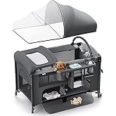 Obee Odee 4 in 1 Baby Bassinet, Pack and Play, Bedside Crib Sleeper, Diaper Changer - Comes with Mattress, Mosquito Net, Bottom Storage and Toy Bar for Newborn to Toddles