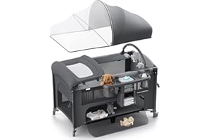 Obee Odee 4 in 1 Baby Bassinet, Pack and Play, Bedside Crib Sleeper, Diaper Changer - Comes with Mattress, Mosquito Net，Bottom Storage and Toy Bar for Newborn to Toddles