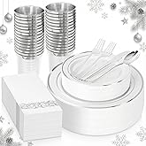 Supernal 200pcs Silver Plastic Dinnerware Sets for 25 Guests included Silver Silverware Set & Plastic Plates heavy duty Disposable Cups and Paper Napkins Disposable for Party Birthday and Wedding