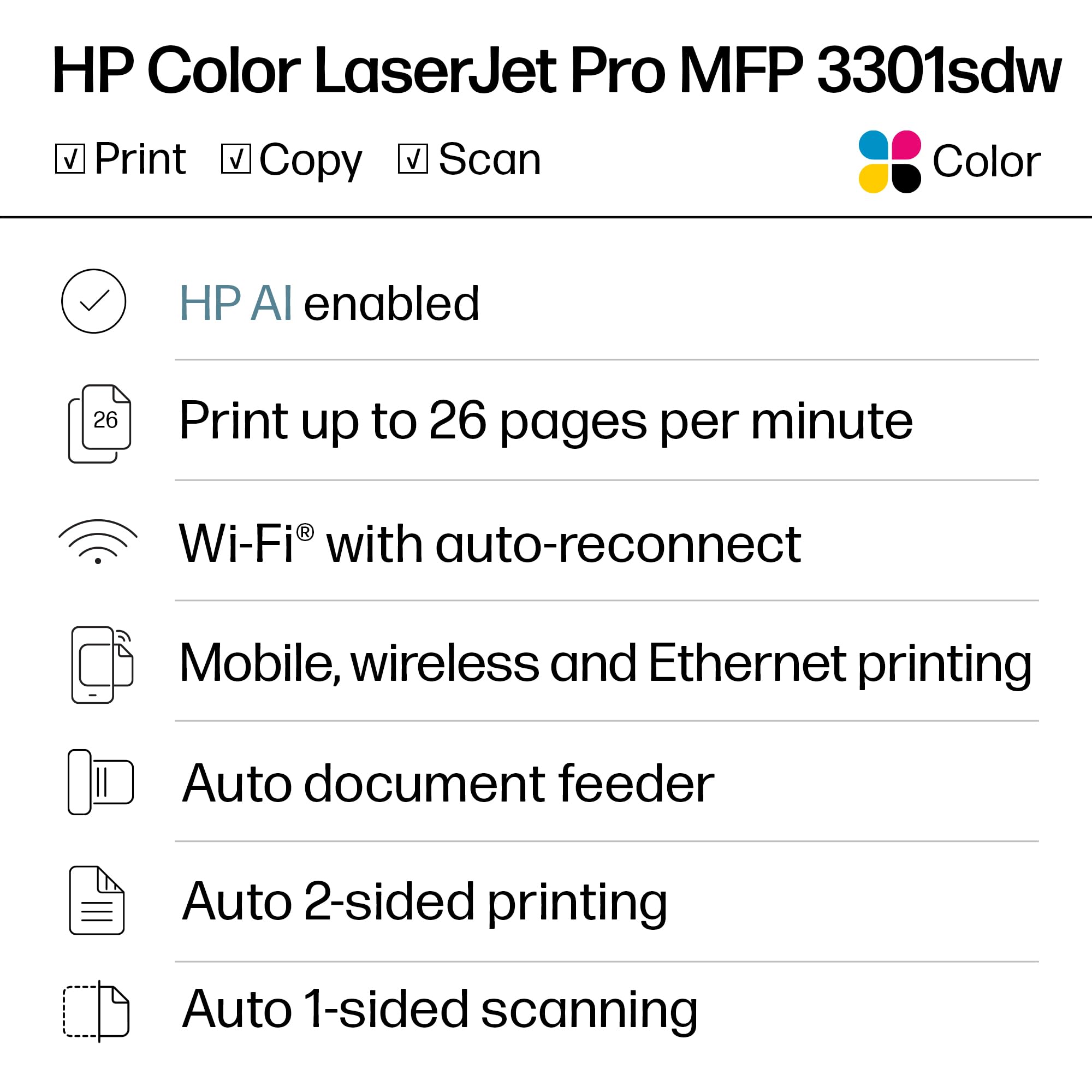 HP Color LaserJet Pro MFP 3301sdw Wireless All-in-One Color Laser Printer, Office Printer, Scanner, Copier, ADF, Duplex, Best-for-Office (499Q3F)