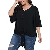 SCOMCHIC Women's Plus Size Blouses V Neck Tops 3/4 Sleeve Tie Knot Casual False Button Down Shirts XL-5XL
