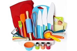 IELEK Kids Cooking and Baking Supplies Set with Gift Storage Box, Complete Junior Chef Cooking Kit, Girls & Boys Childrens Real Bakeware Accessories, Real Cookware and Baking Utensils Sets for Kids