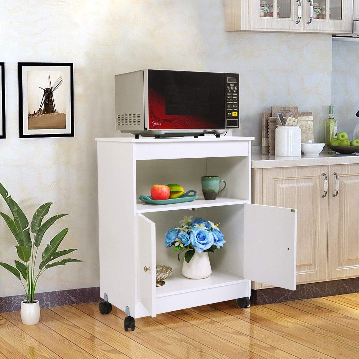 Thegreatshopman Rolling Wooden Storage Cabinet Kitchen Microwave Cart