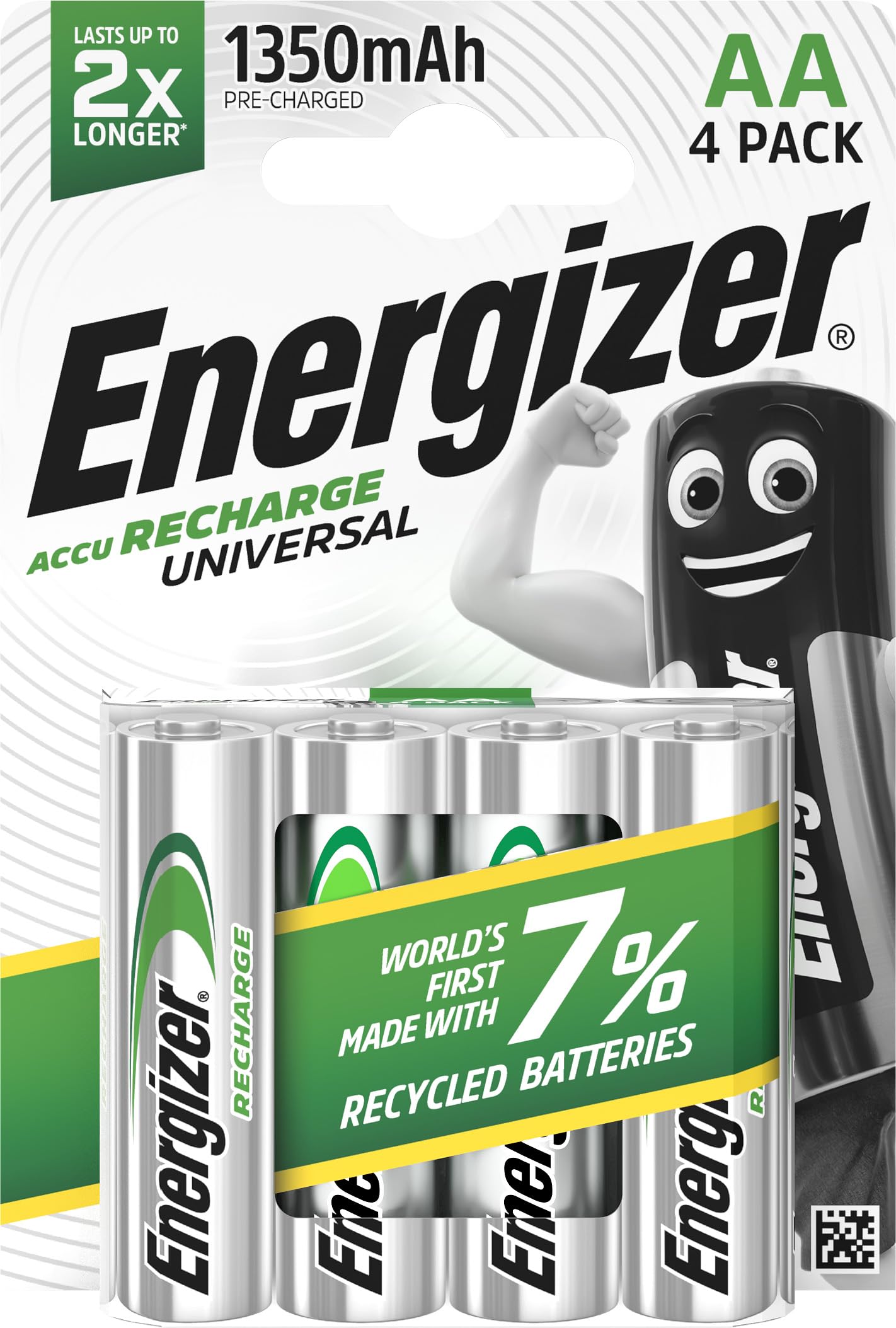 Energizer Recharge Universal - Rechargeable AA Batteries (4 Pack) - 1350 mAh NiMH Double A Battery - 100% Recyclable Plastic Free Packaging