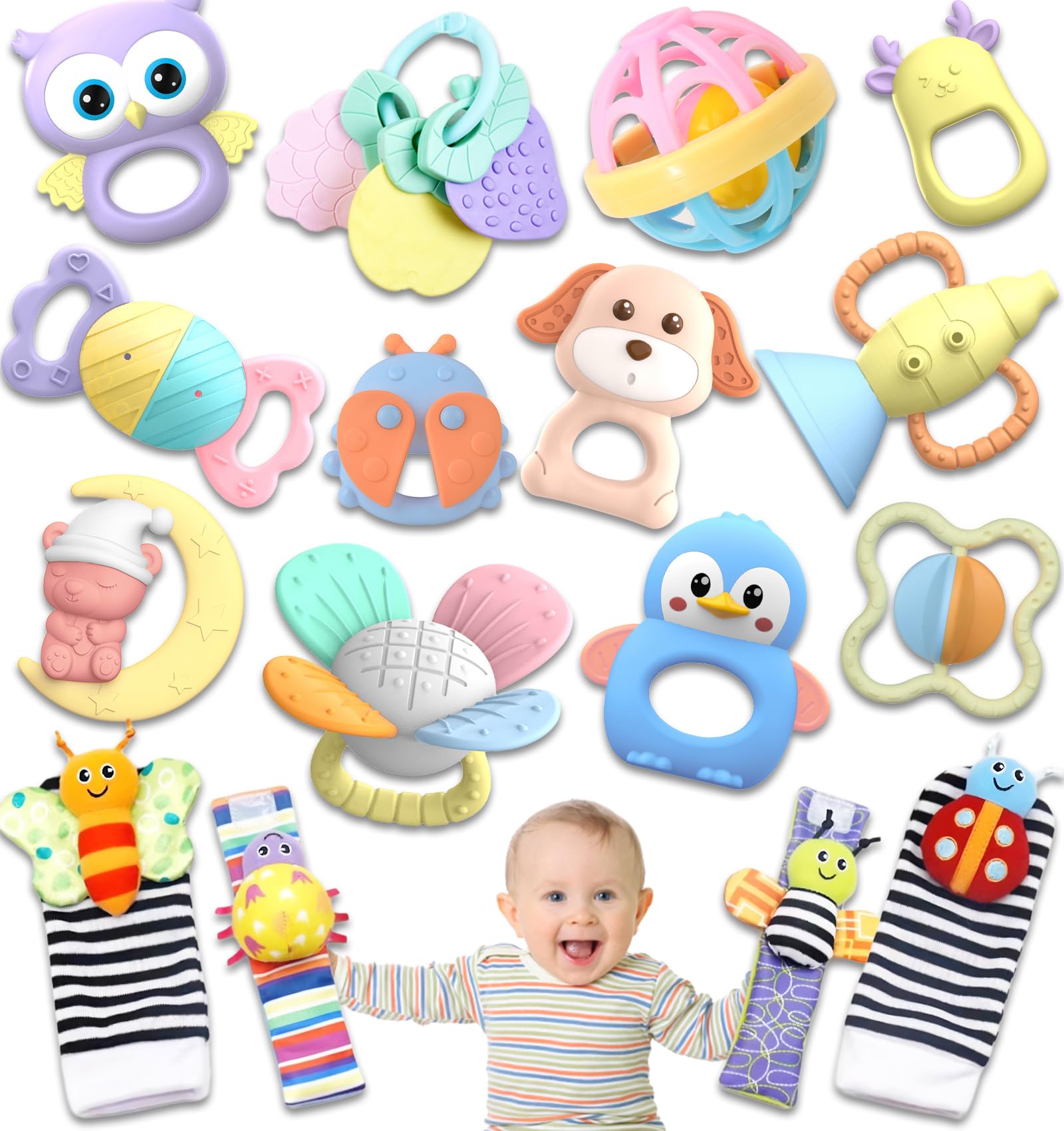 AZEN 16 Pack Baby Rattles Teething Toys 3-6 Months, Baby Toys 0-6 Months, Newborn Infant Toys 6-12 Months, Essentials Must Haves Wrist Socks Toddler Stocking Stuffers Christmas Gifts (Pink)