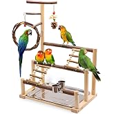 Kaliswell Bird Playground Wooden Parrot Stand for Small and Medium Birds | Feeding Cups, Apple Branch Swing, Chew Toys, Removable Tray, Ideal for Parakeets, Budgerigars, Canaries, Cockatiels