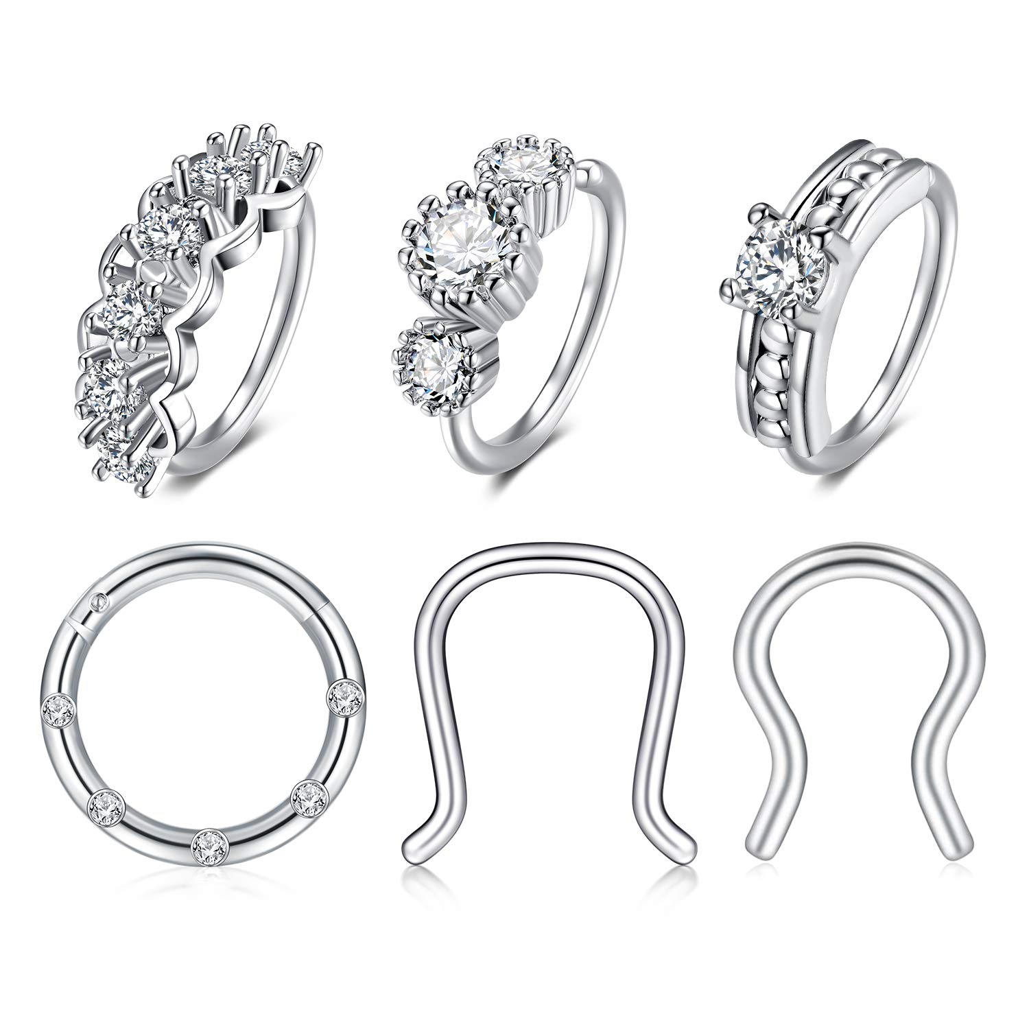 VFUN Nose Septum Rings Stainless Steel Daith Earrings Hinged Clicker U Shaped Septum Jewellery Nose Hoop Piercing 6PCS - Silver